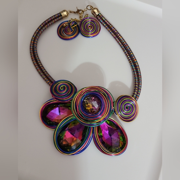 Huge statement necklace earrings rhinestones wire colorful NEW - Picture 11 of 14